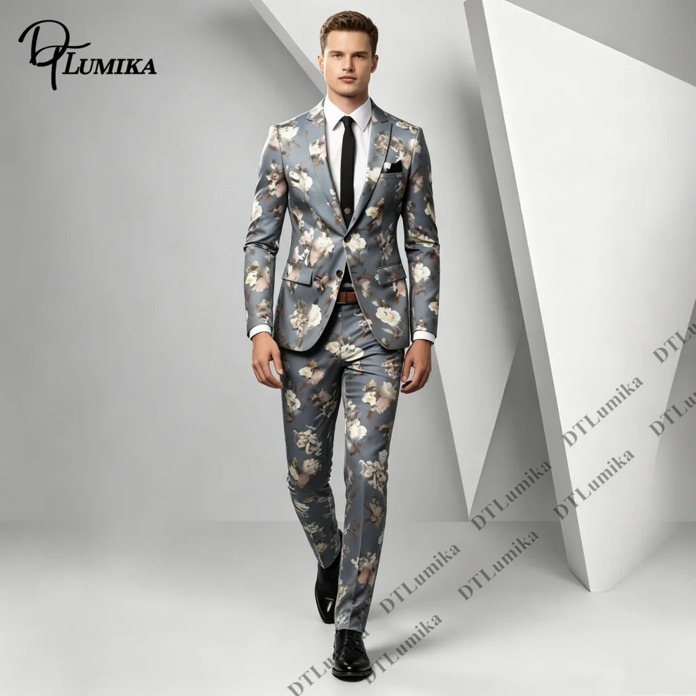 Dusty Blue Vintage Watercolor Men 2 Piece Suit Blazer Trousers Wedding Groom Suit Jacket Pants Set Gentleman Themed Party Outfit