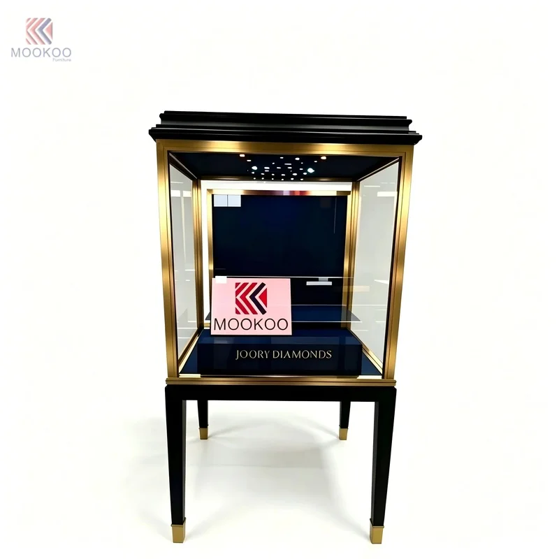 custom.Luxury Black Gold Square Jewelry Display Showcase With Navy Blue Velvet Spot Light Tall Leg Display Showcase