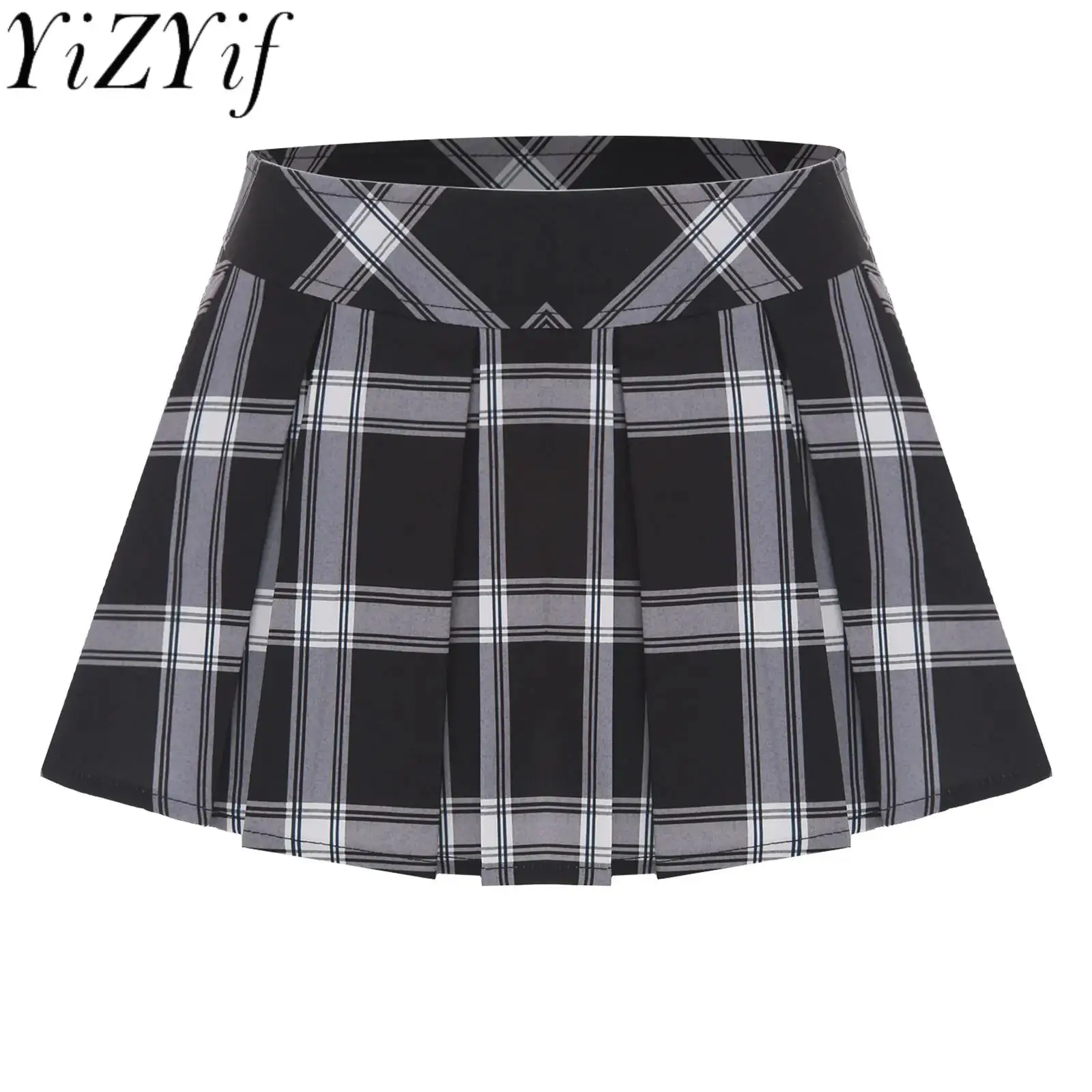 

Youthful Schoolgirl Black&white Plaid Skirt Low Waist Pleated Mini Skirt Flared A-line Short Skirt for School High Look Skirts
