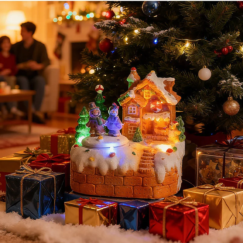 Christmas Village Scene Decoration Light LED With Musical Xmas Decor For Home Decoration Village Rotating Santa Desktop Ornament