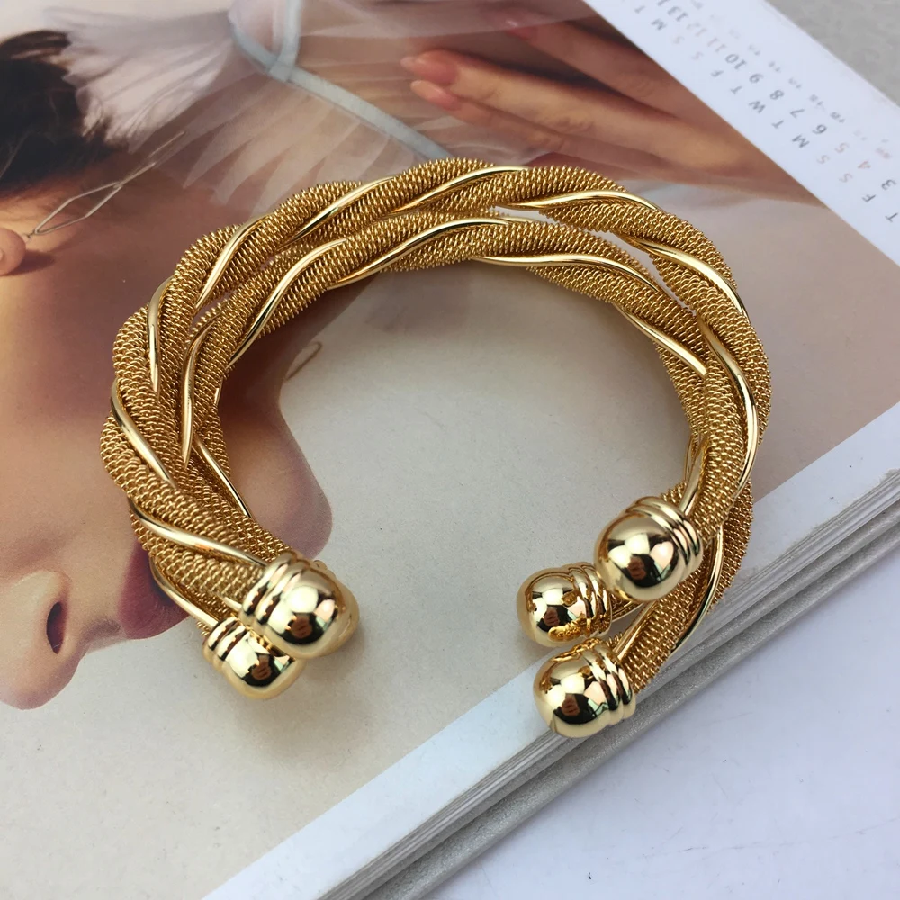 EMMA 3pcs African American Charm Goldplated Bracelets Cuff Bangles for Women Bridal Dubai Jewelry Daily Wear