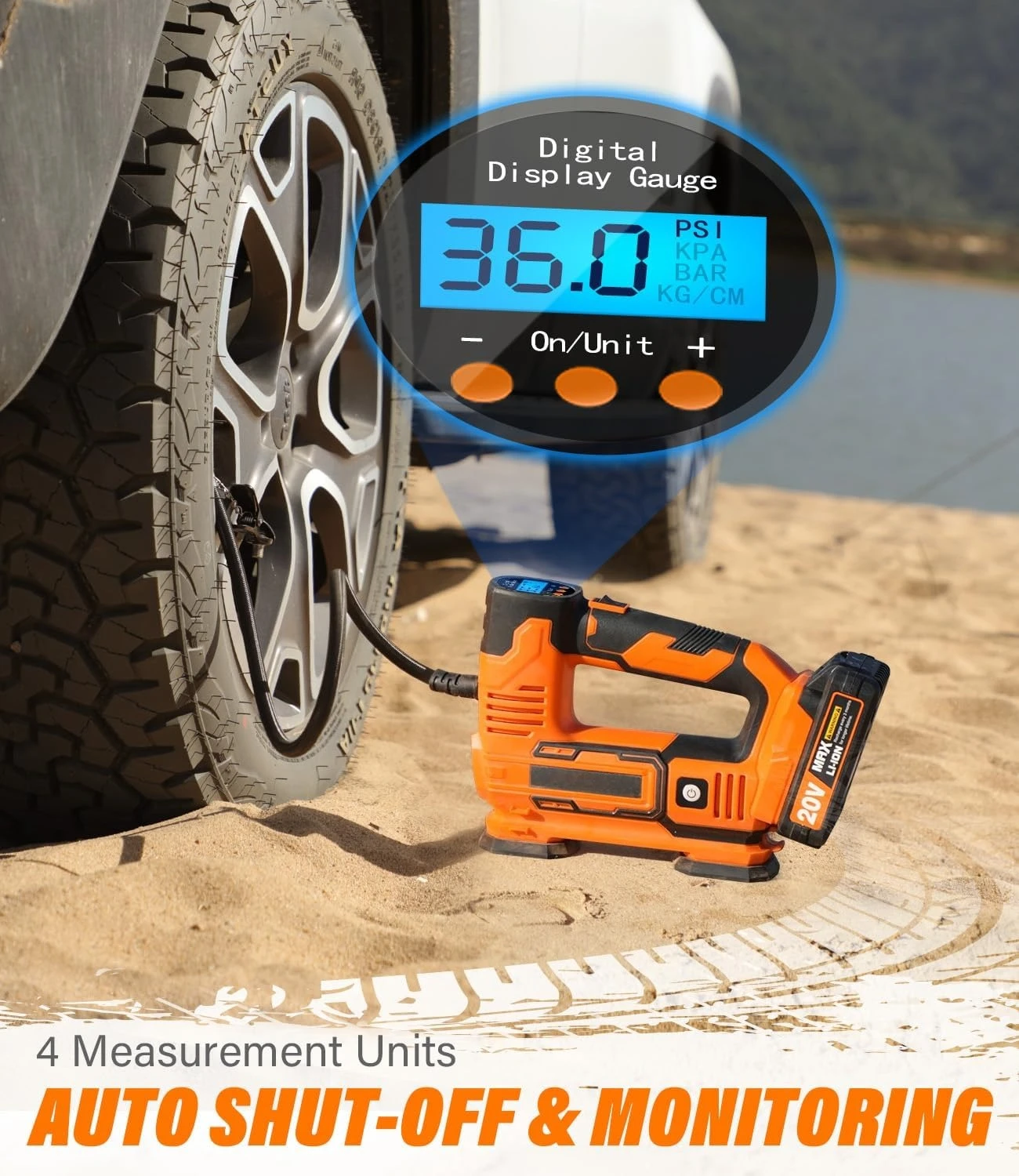 タイヤインフレーター ポータブルエアコンプレッサー、20Vコードレスカーポンプ（充電式リチウムイオン電池付き）、12Vカーパワーアダプター、新登場