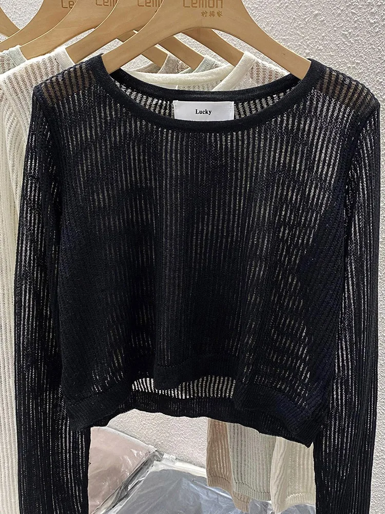 

Ele Ice Silk Knitted Top Women's Summer Thin Hollow out ort Design Sun Protection White Color Long Sve round Ne Pu...