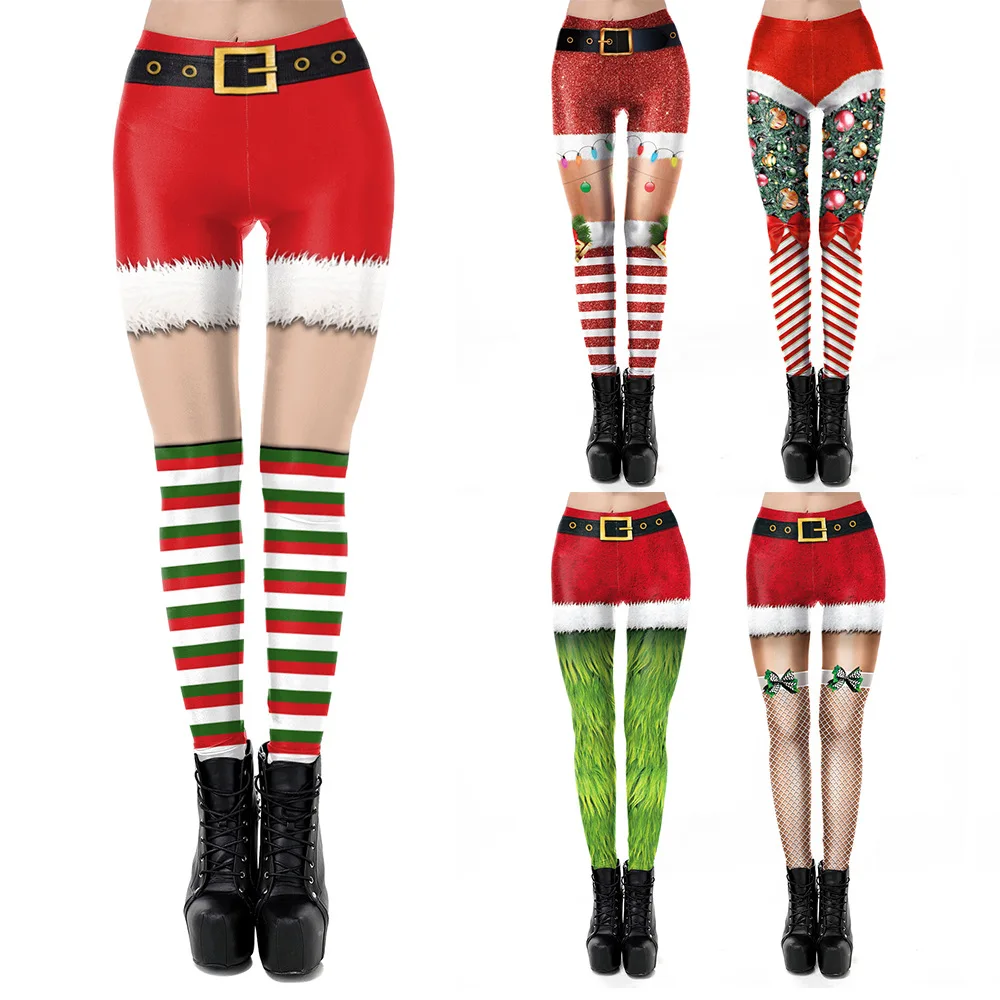 

Christmas Party Cosplay Outfit High Waist Holiday Themed Print Skinny Leggings Women Multi Pattern Stretchy Tight Bottoms