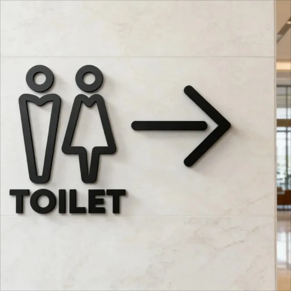 3D Acrylic Restroom Sign Self-Adhesive Directional Arrow Bathroom Door Plaque Wall Sticker Decor for Office Hotel Business Shop