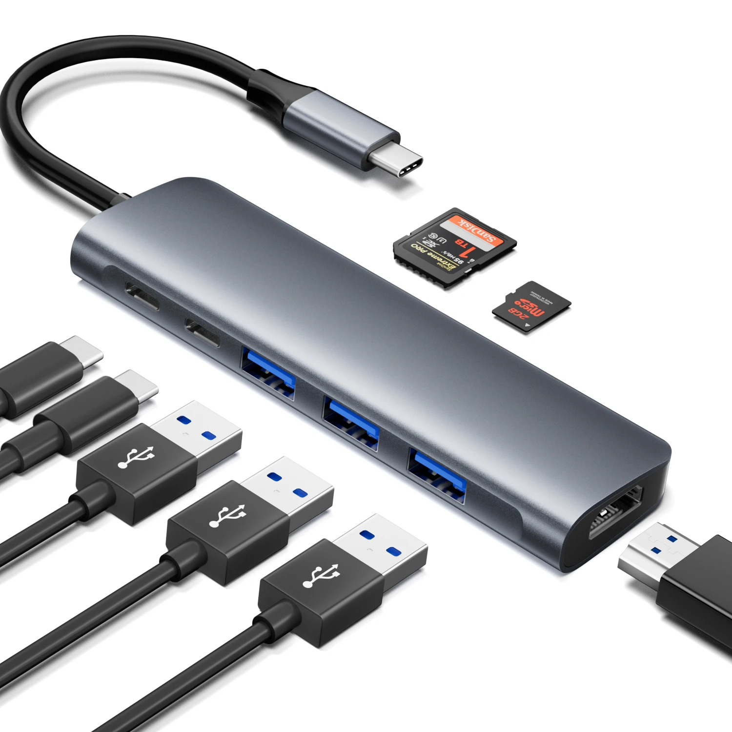 8 in 1 USB C Hub with HDTV 4K30Hz PD 100W USB 3.0 SD TF Card Reader Type C Multiport Adapter for Laptop MacBook PC