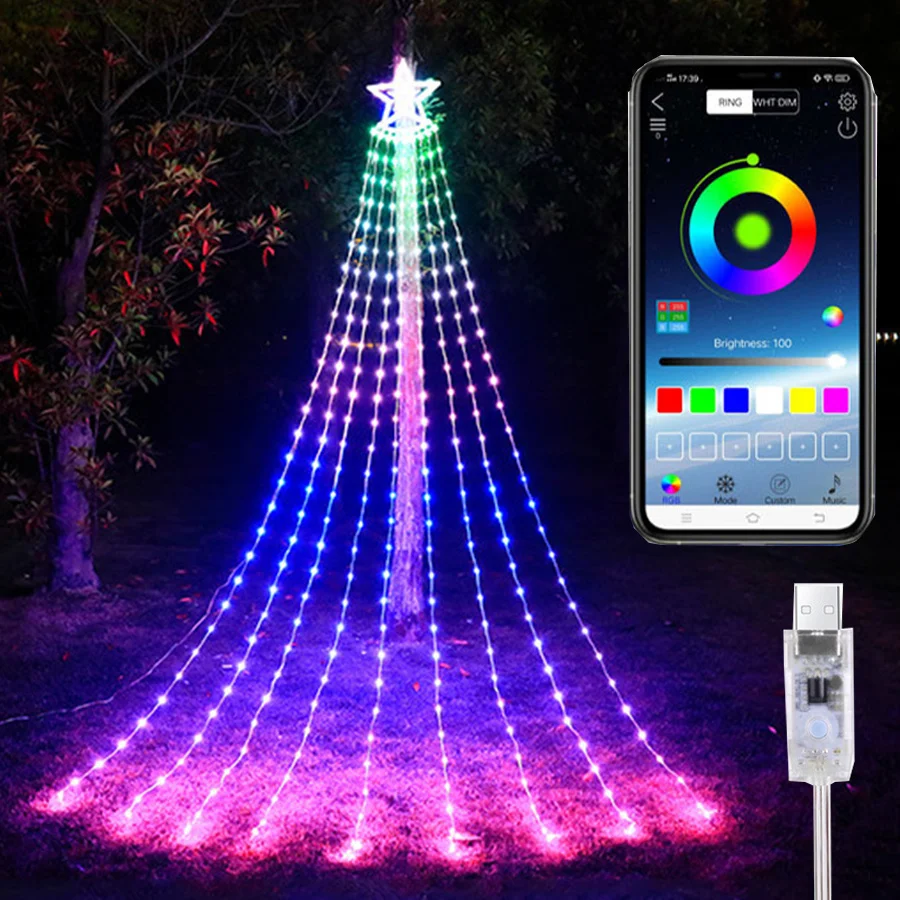 2024 New Year Christmas Decorations Fairy Lights Outdoor Smart RGB Five-pointed Star Waterfall String Lights for Wedding Garland