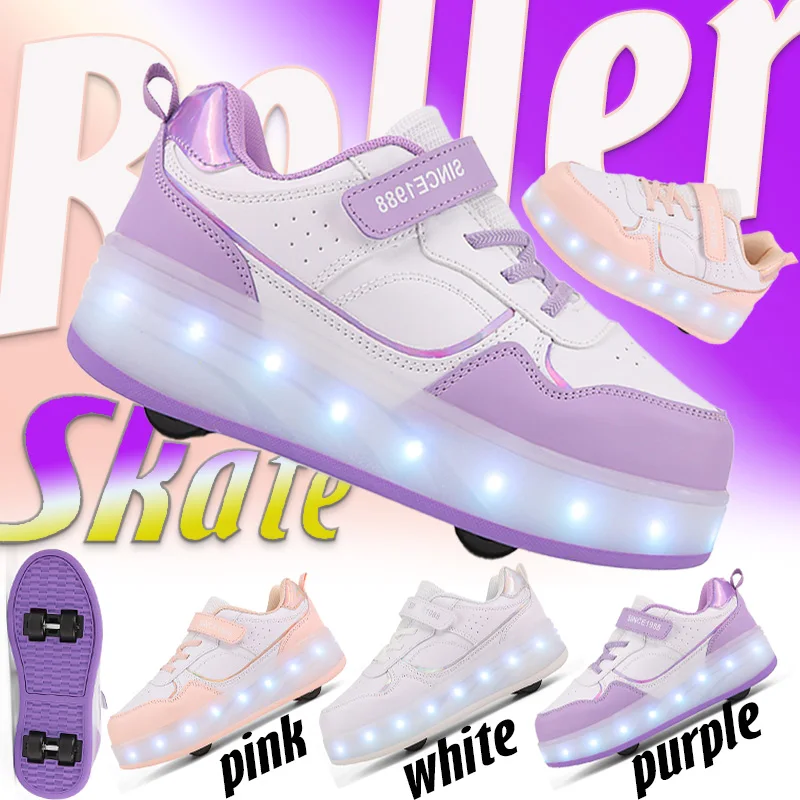 

Kids 4-wheel Roller Skate Shoes boys and Girls' Shoes With LED Retractable children's Flashing Casual Sneakers