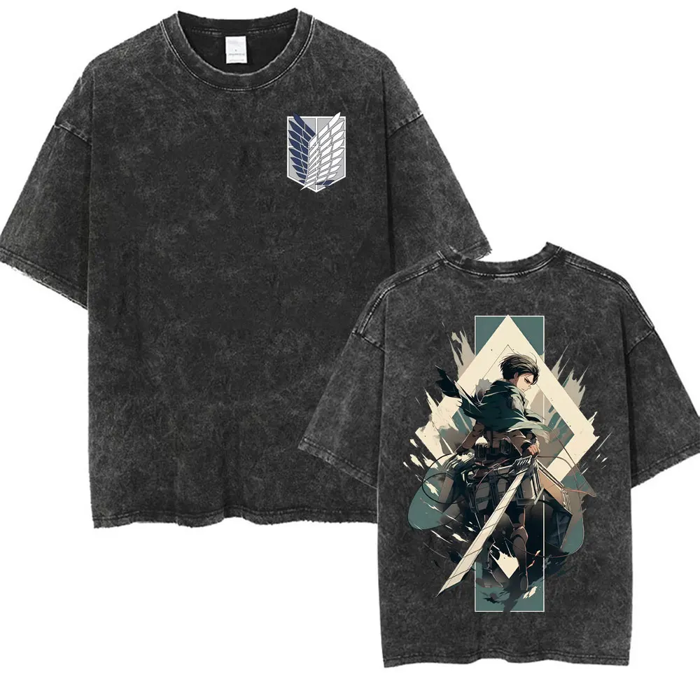 Anime Stylish Attack on Titan Washed T-shirt Levi Ackerman Graphic T Shirts Men Women Vintage Oversized Loose T Shirt Streetwear