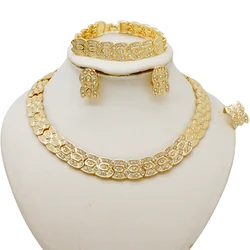Luxury African Saudi Gold Color Jewelry Set Necklace Earrings Bracelets Rings Sets Wear Banquets Pairing Gifts