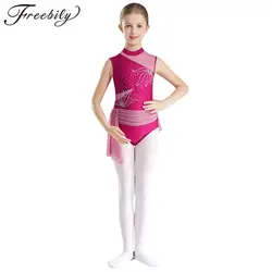 Kid Girls Gymnastics Jumpsuit Figure Skating Skirted Leotard Shiny Rhinestone Ballet Dance Costume Dancewear Sheer Mesh Bodysuit