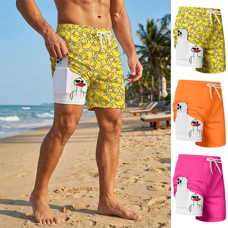 Herren-Strandshorts mit Enten-Print und Handyfach, 2-in-1, Sommer, lässig, lustig, schnelltrocknend, Badeshorts, Badebekleidung