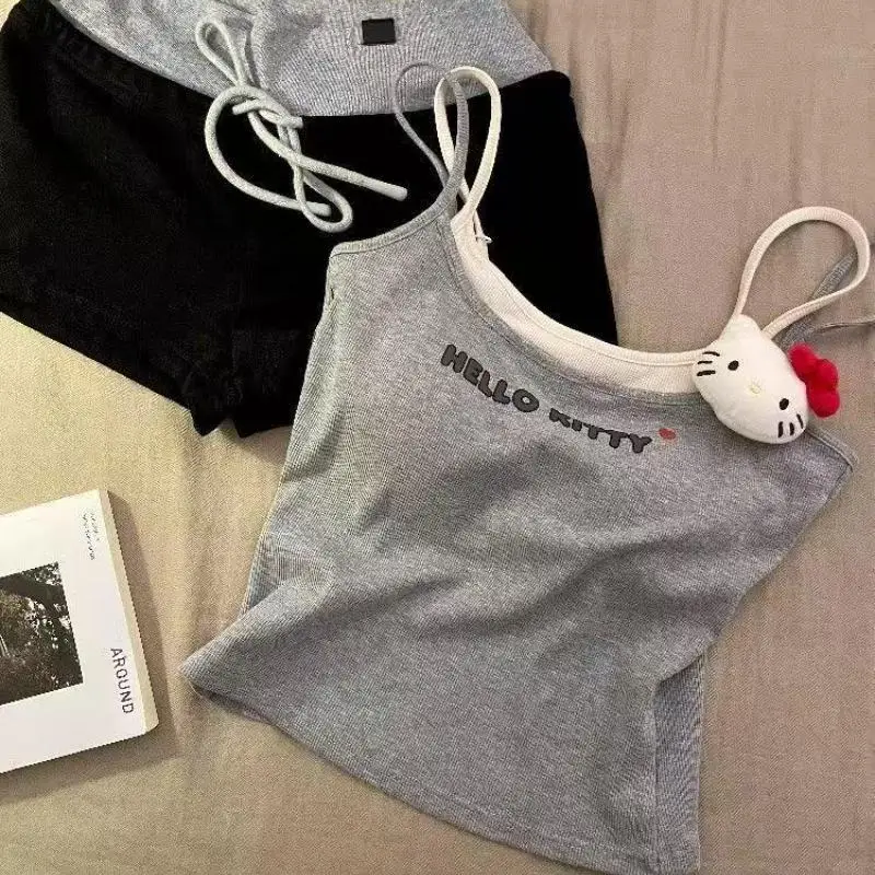 2 pezzi gattino pigiama da donna set pantaloncini cartone animato abbigliamento per la casa fionda Y2K dolce estate fresco pettorale gilet pantaloncini vestiti coreani