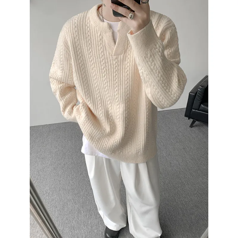 

Осенне-зимний свободный свитер с V-образным вырезом в стиле ретро, вязаный, с узором косы, унисекс, простой, универсальный, повседневный, как верхняя одежда