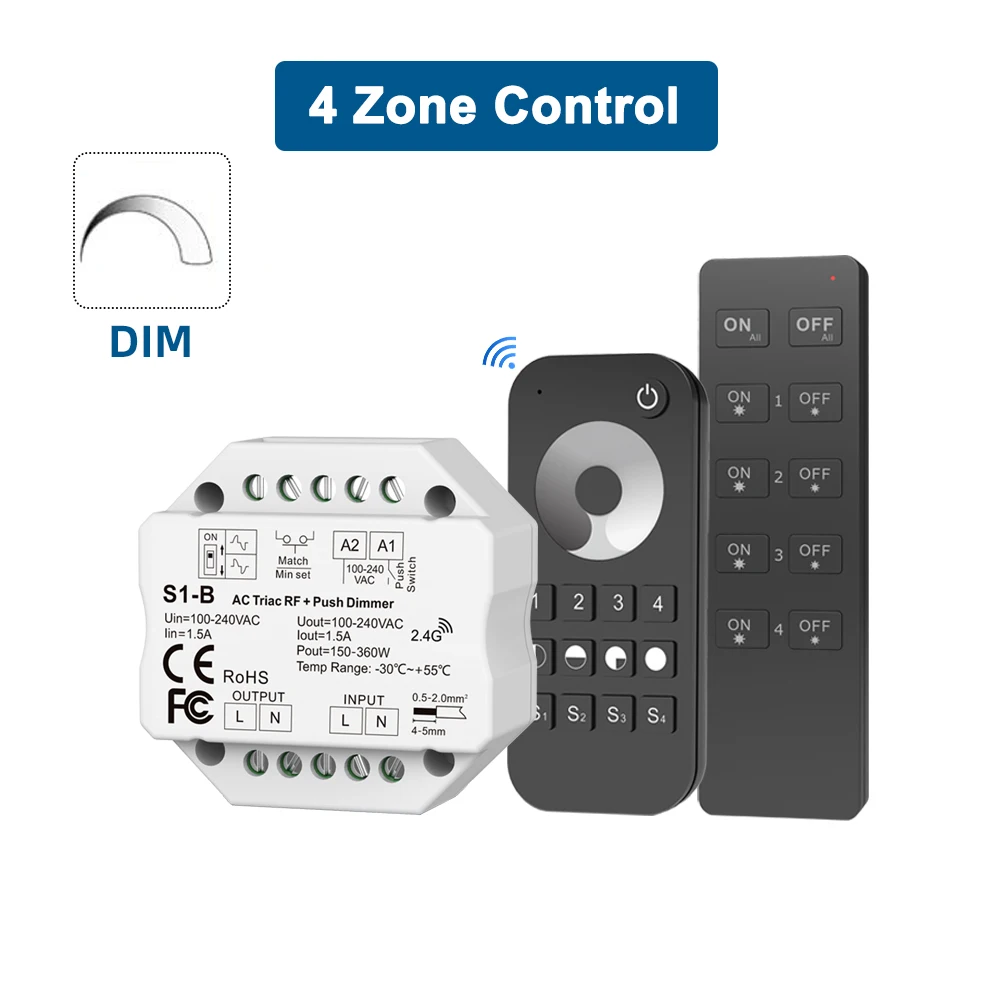 S1-B Triac LED Dimmer AC 110V 220V 230V LED Dimmer Switch 220 Volts Dimmer 4 Zone Wireless Remote Control for Bulb Light Lamp