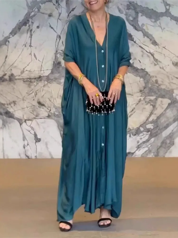 레이디 캐주얼 루즈 드레스 여성을위한 패션 솔리드 V 넥 버튼 긴 드레스 휴일 파티 드레스 여성 의류 여름 새로운 2025