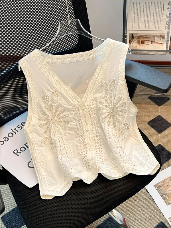 

Fashionable Sleeveless Embroidered Vest Top for Women Summer New Arrival Unique Elegant High-End Feeling V-Neck Plant Floral ...