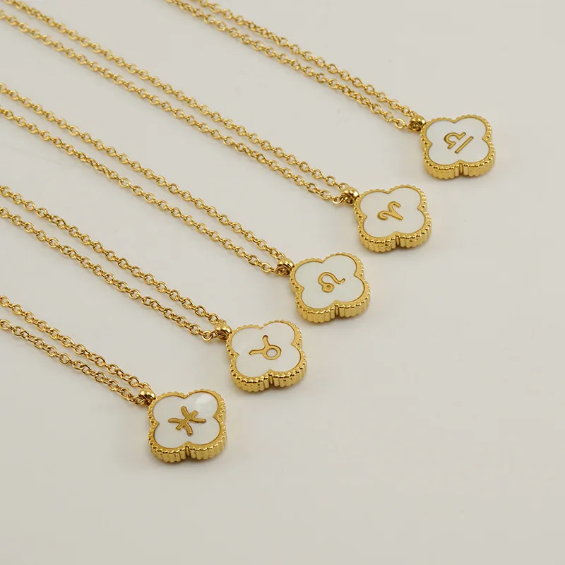 

New Trendy 18K Gold Plated Stainless Steel Clover Pendant Necklace for Women Shell Zodiac Choker Necklace Party Gifts