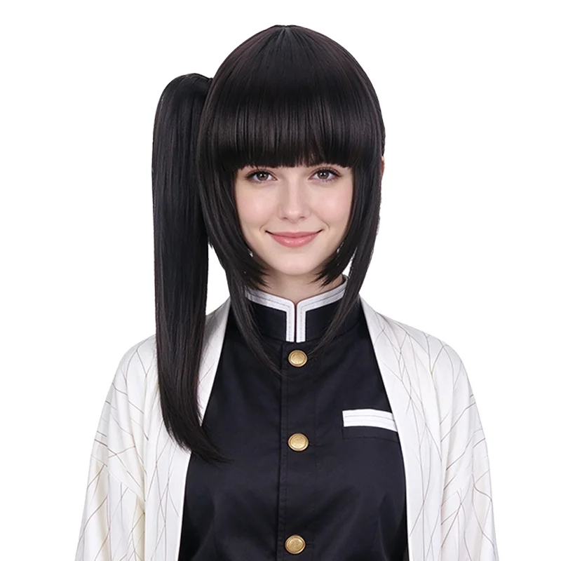 Kanao Tsuyuri Cosplay Wigs Natural Black Side Ponytail with Blunt Bangs Heat Resistant Synthetic Anime Wig For Halloween Party