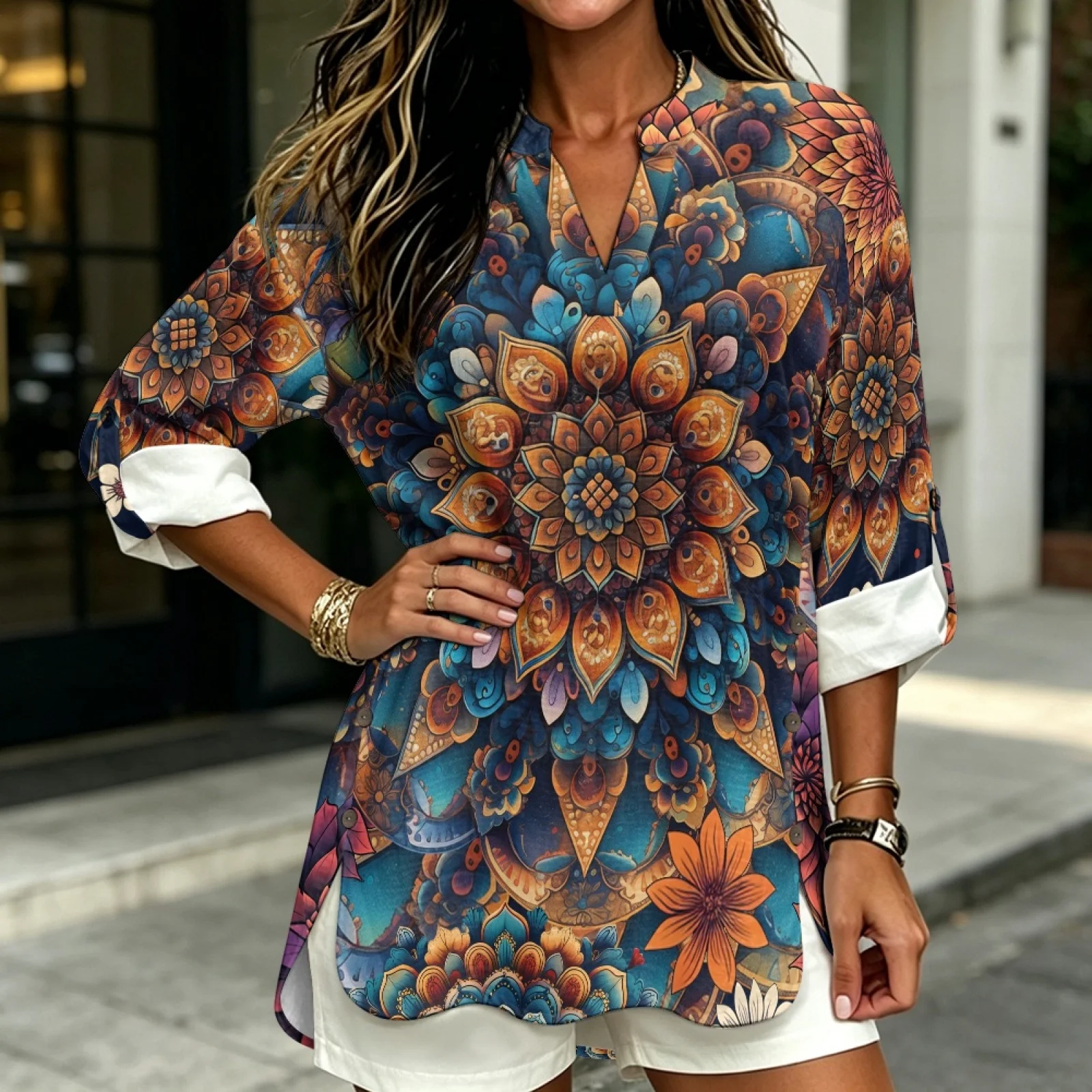 PENSTROLL Floral Mandala Linen Like Long Sleeve Shirts V Neck Blouse for Womens Pullover Long Sleeve Tops