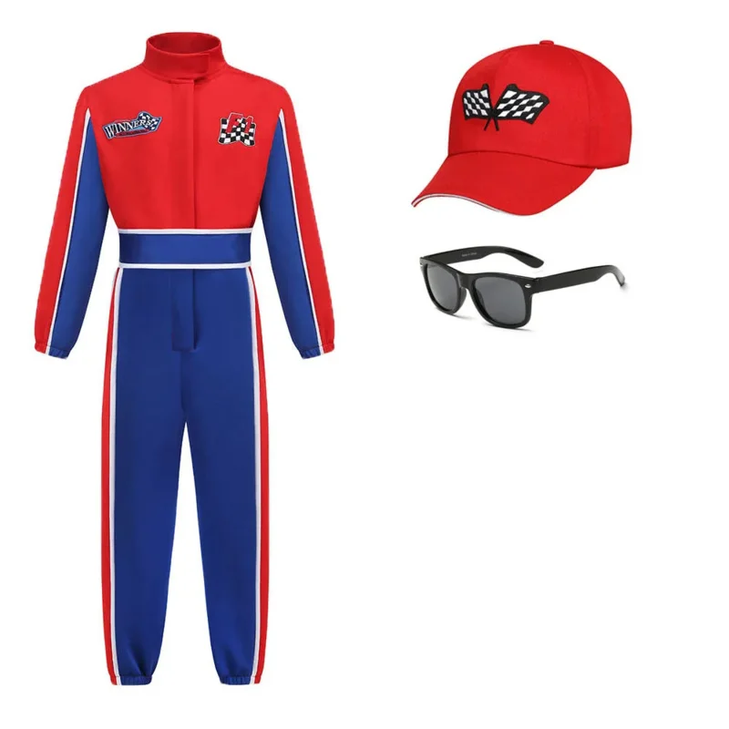 

Child Race Car Driver Costumes Carnival Boys Girls Racer Jumpsuit with Car Cap Sunglasses Kids Halloween Costume Cool Streewear