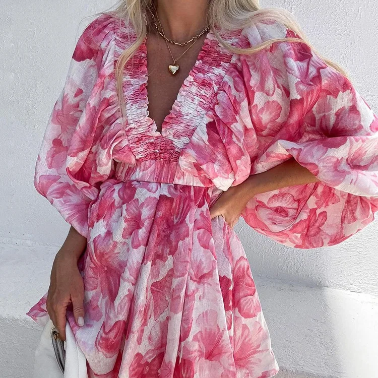 Pink Floral Print Mini Dress Women Sexy V Neck Puff Sleeve Waist Cinched A-line Vestidos Summer Holiday Casual Backless Dresses