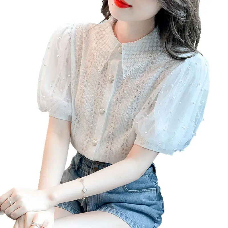 Fashion Korean Pearl Puff Sleeve Blouse Sweet Cute Peter Pan Collar Summer New Chiffon Shirts Top Fashion Elegant Womens Clothes