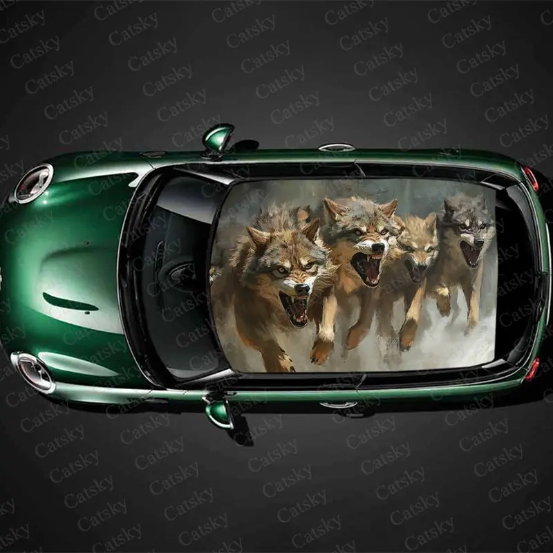 Angry Wolf Running in The Forest Car Roof Sticker Wrap Racing SUV Auto Accessories Packaging PVC Car Hood Graphic Decal Decor