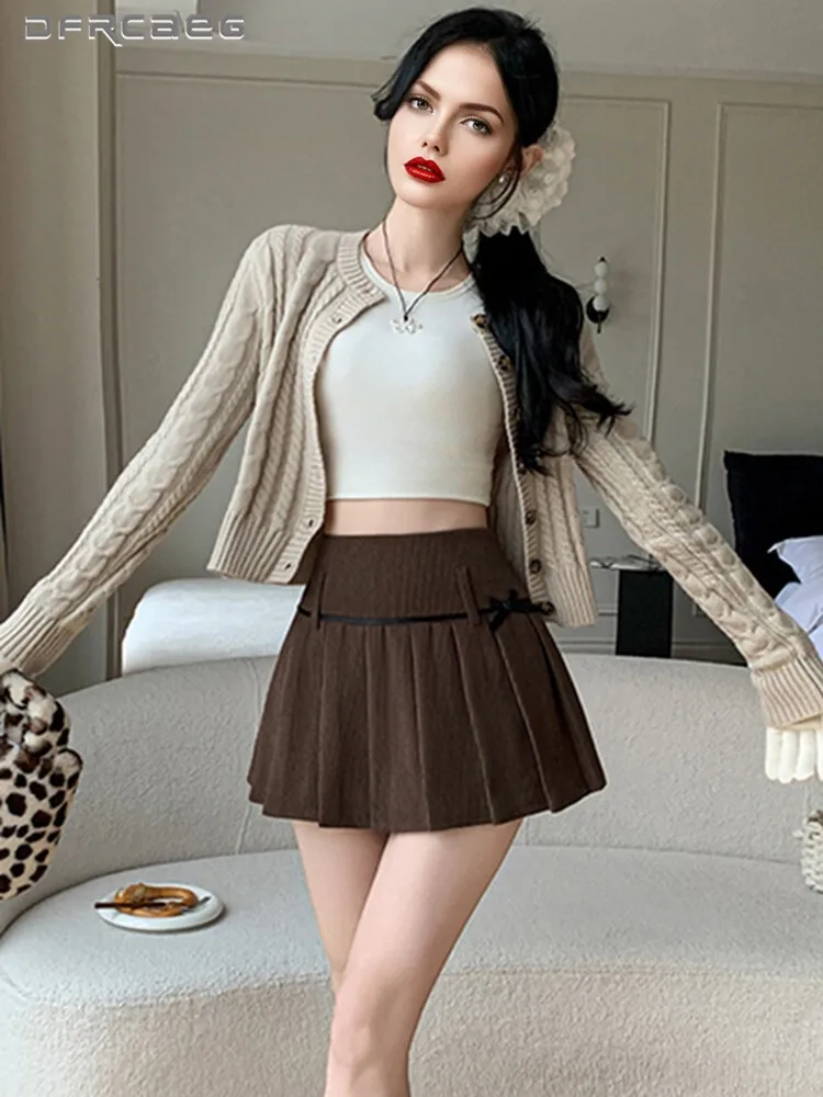 جميلة نمط الخريف الشتاء الرجعية مطوي تنورة مع القوس عالية الخصر عادية لطيف الحلو Jk سروال قصير التنانير القصيرة الإناث #1