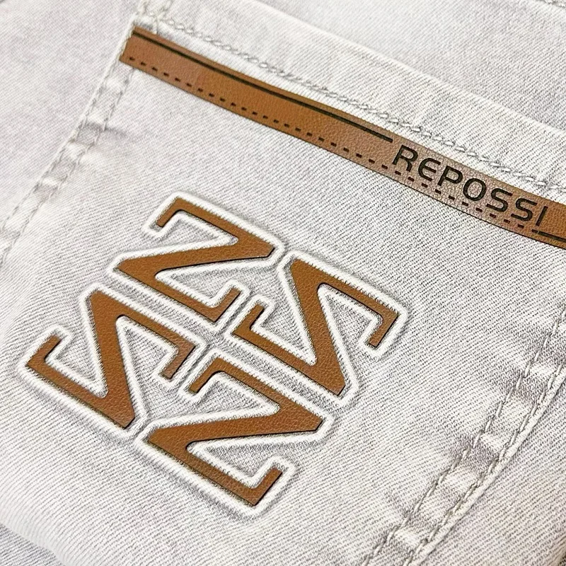 Light luxury jeans men's summer thin-style Grey embossed elastic mid-waist slim-fitting small straight high-end trousers