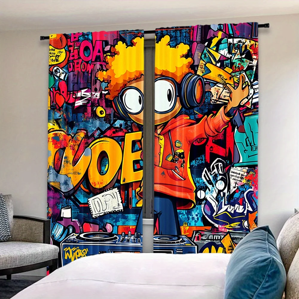 Graffiti Hip Hop Curtain, Cool DJ Boombox Window Drape, Urban Street Art Decor for Teen Boy Room, Colorful Blackout Fabric