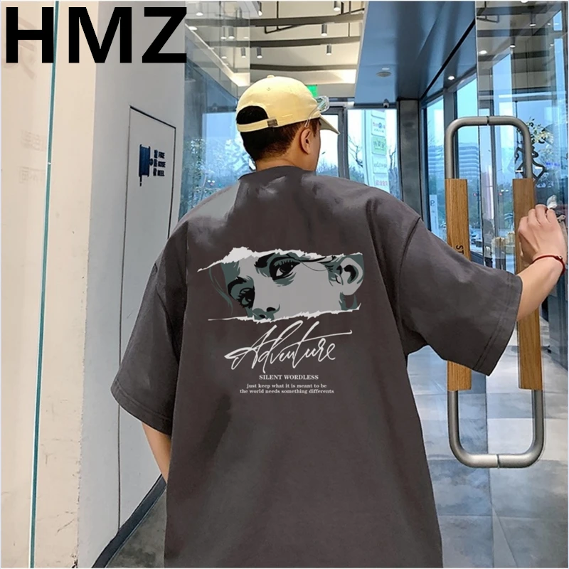 HMZ Summer Oversized Men T-Shirt 100% Cotton Loose Printed Tee Casual Men Fashion Tshirt Classic Comics Tops Casual Street Tees