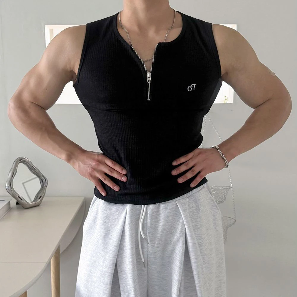 Mens Textured Zipper Shaping Vest Summer Streetwear Fashion Breathable Gym Fitness Sports Jogging Tank Top Men'S Clothing 2026