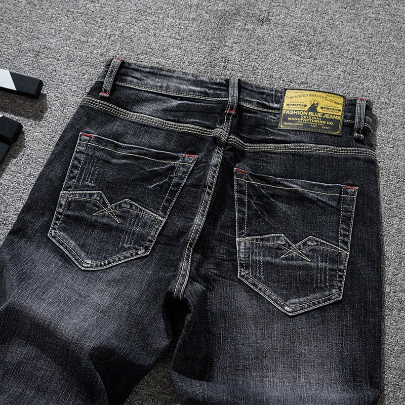 

Italian designer fashion new jeans retro scratch elastic slim fit black gray jeans men's casual straight leg pants Hombre