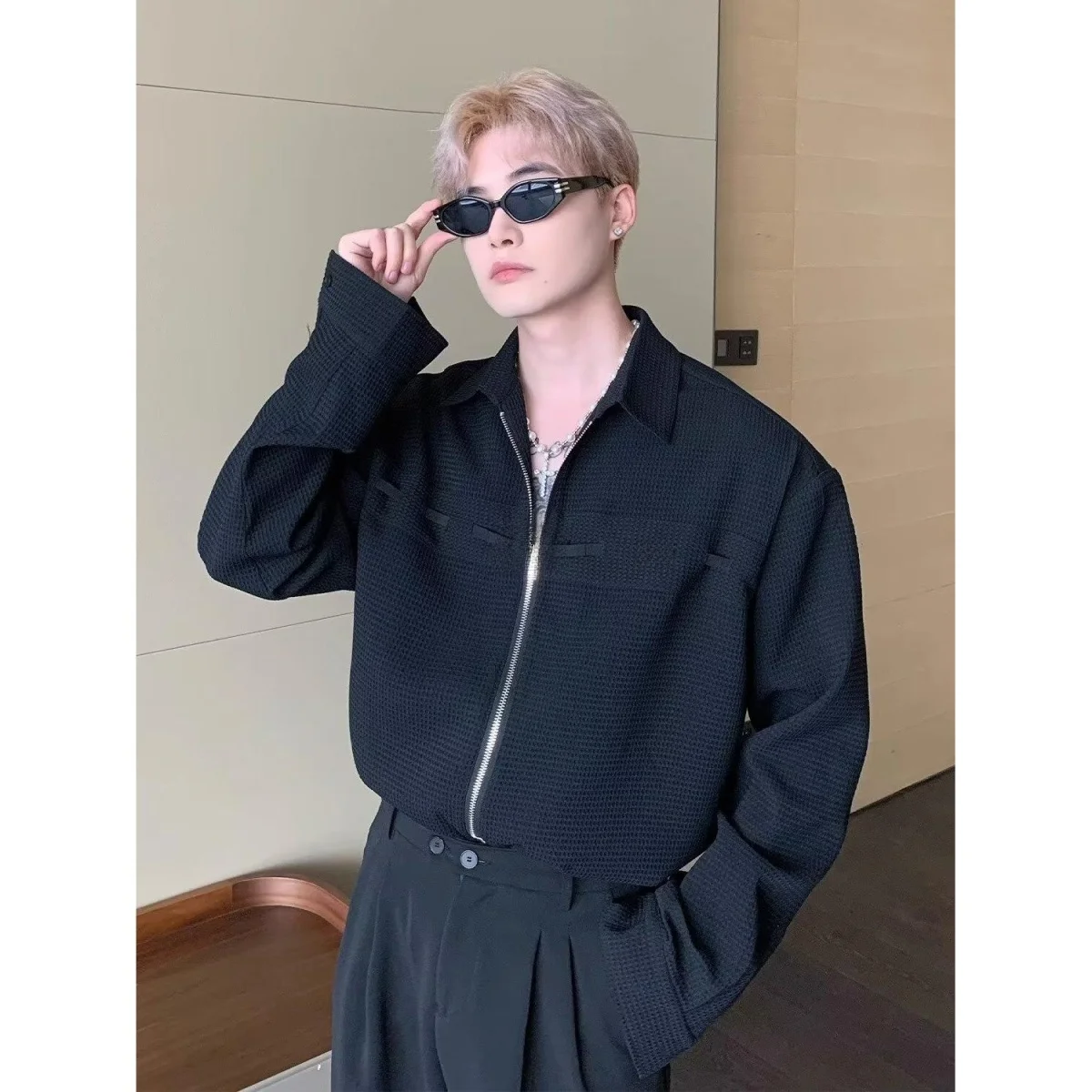 

Spring Season Men's Loose Fit Long Sve irt Hair St Sensation Trendy Stand Edition Polyester Fiber