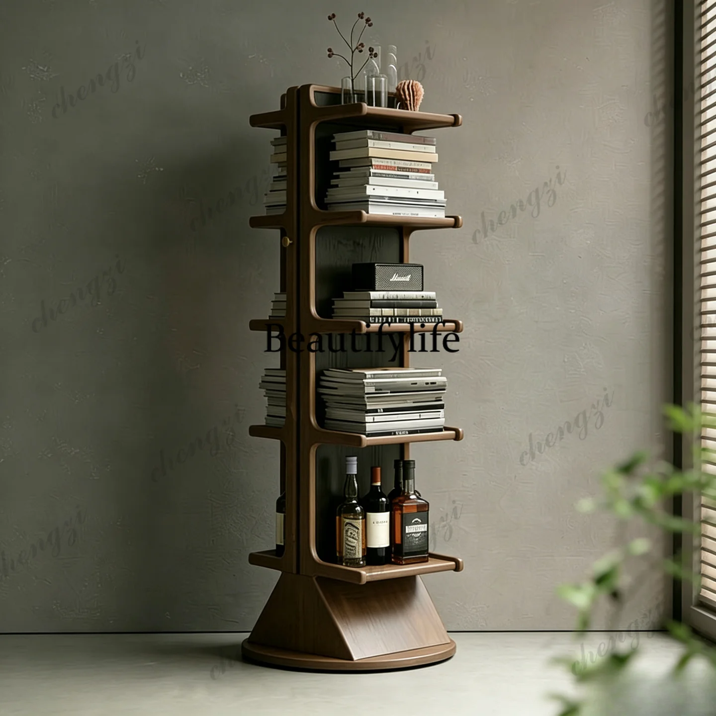 Solid wood 360-degree rotating bookshelf floor storage living room, storage storage, reading rack