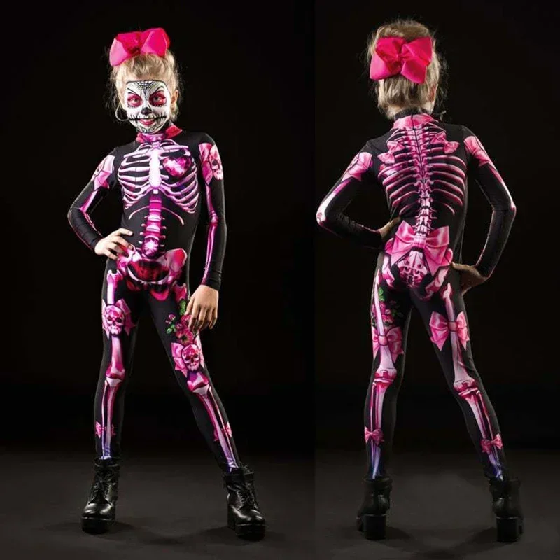 Rose Skeleton Adult Kids Scary Costume Halloween Dress Cosplay Sexy Jumpsuit Carnival Party Baby Girl Rompers Day of The Dead