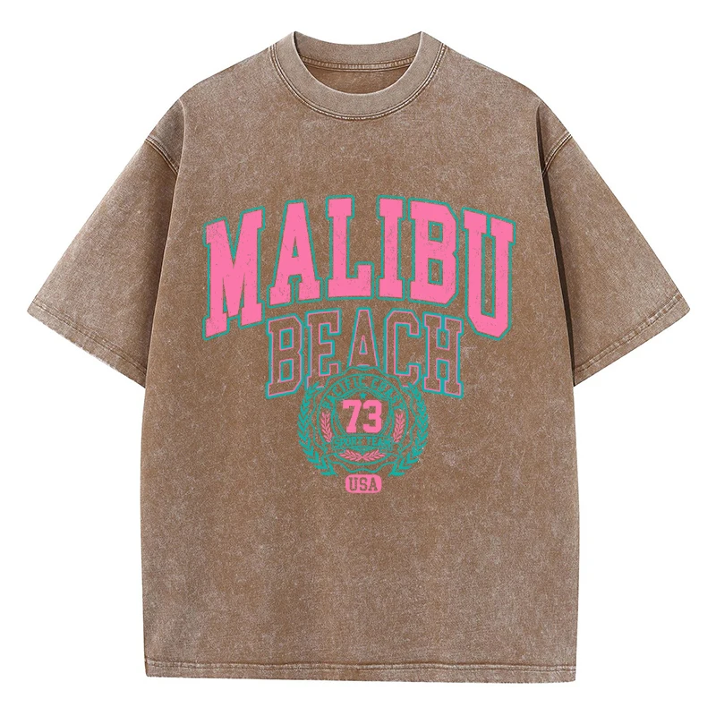 Street Women Cotton Washed T-Shirt Malibu Beach Simple Letter Printing Print Tee Shirt Fashion Loose Tops Casual Female Clothes