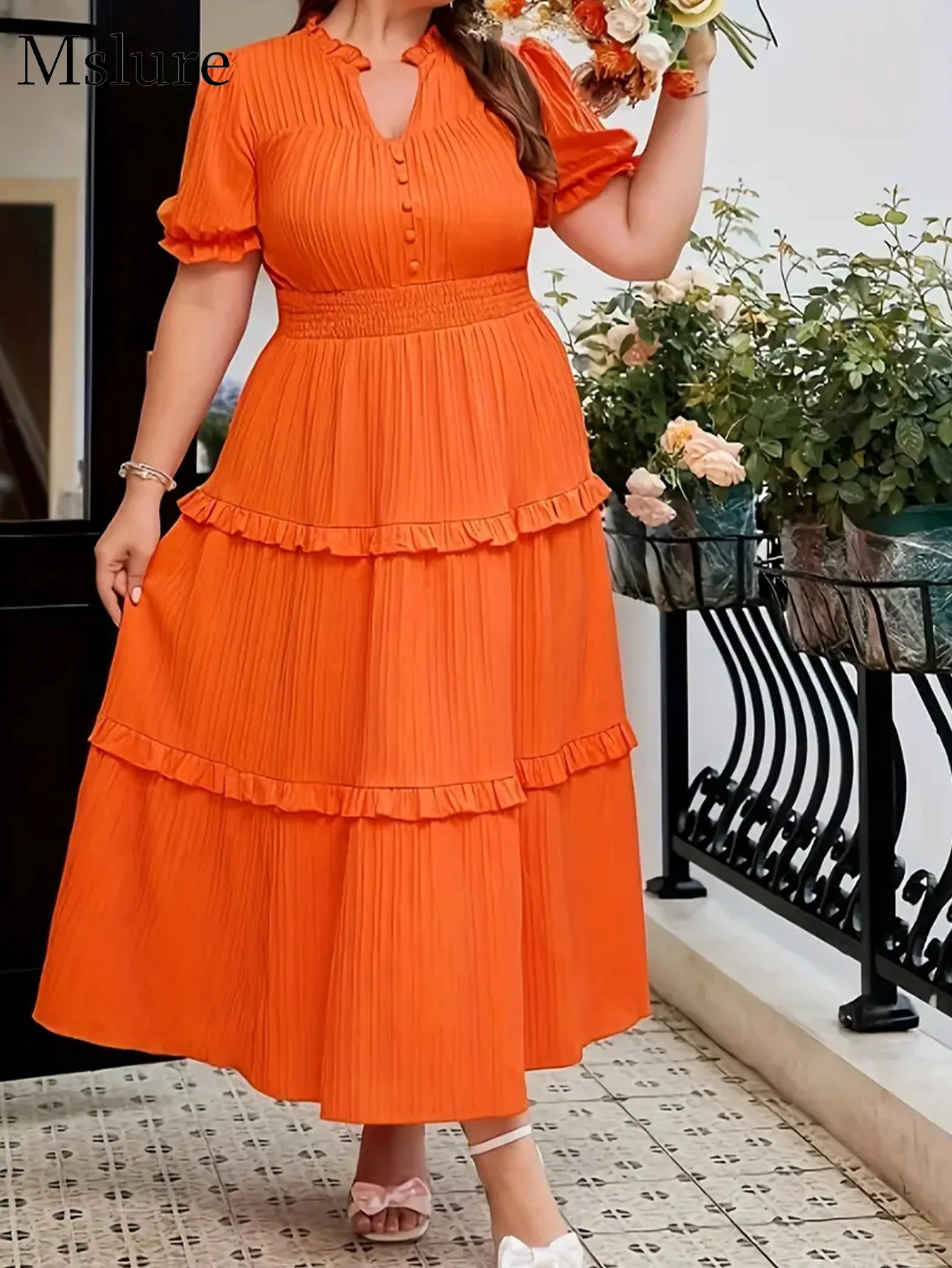 MSLURE Short Sleeve Pleated Maxi Long Dress