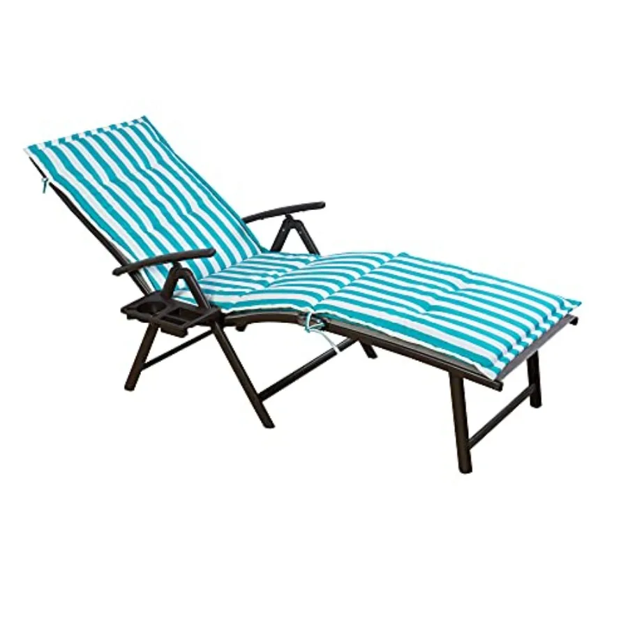 

Beach, yard, pool, deck, patio use: aluminum reclining lounge chair with blue striped cushion, weather-resistant, adjustable, a