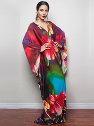 2023 sukienka Maxi z nadrukiem rękaw w kształcie skrzydła nietoperza tunika wiosna jesień odzież plażowa Casual Plus Size kobiety luźny Kaftan strój kąpielowy Cover-up Q1289