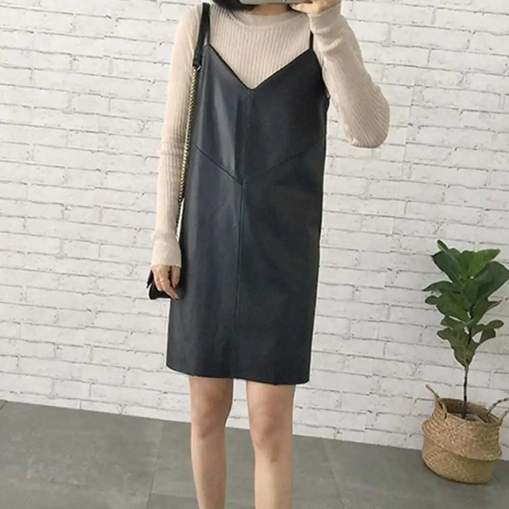 New Women's Leather Dress Casual 2023 New V-neck PU Leather Dresses Black Sexy Female Over Ankle Shorts Dress