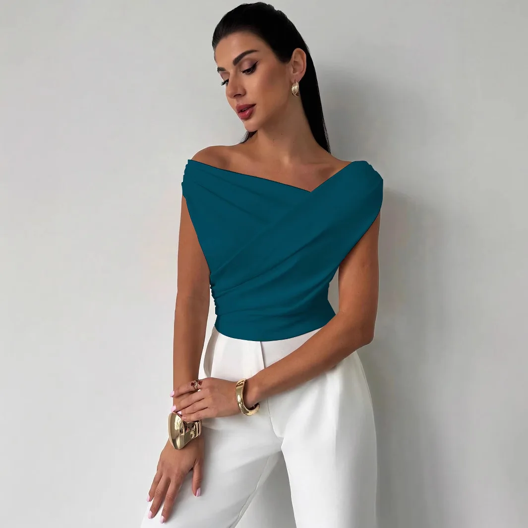 

2026 Fashion Temperament Sexy High-end Daily Solid Color Sleeveless Simple Slanted Shoulder Slim Short T-shirt Tops for Women