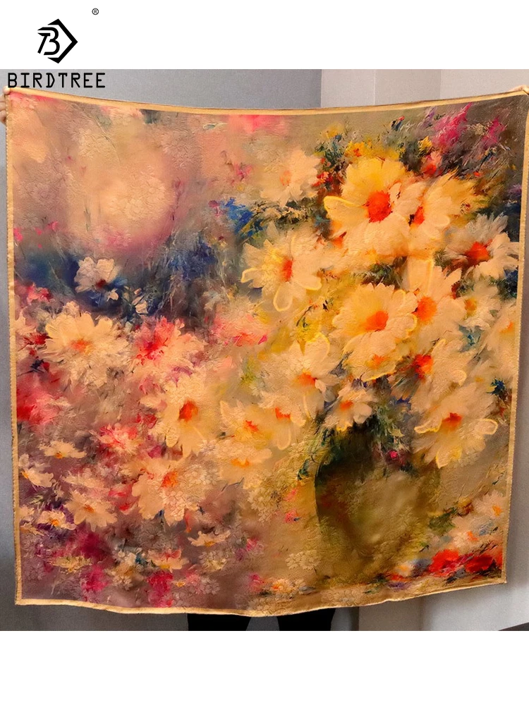 

Birdtree 100%Real Silk XiangYunSha Square Scarf Double-sided Oil Painting Elegant Literary Shawl Scarf 2024 Spring A3D910QD