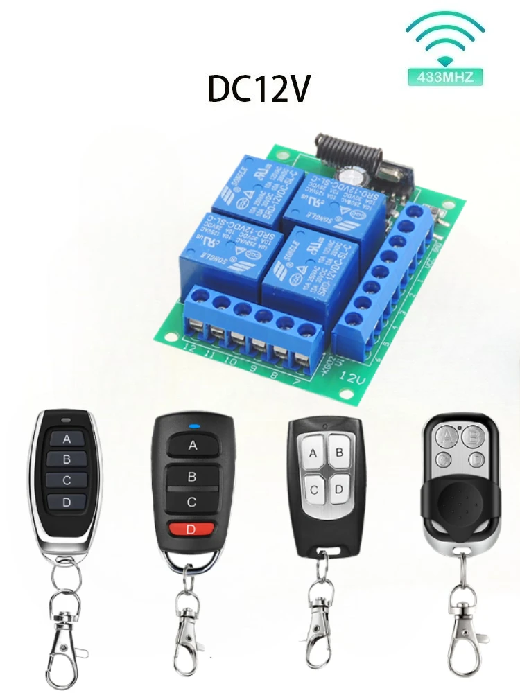 Uniwersalny bezprzewodowy pilot zdalnego sterowania RF433MHz DC12V 4-kanałowy moduł odbiornika przekaźnika z przełącznikiem, pilot z 4 przyciskami do bram, drzwi garażowych i zamków. — zdjęcie produktu 7