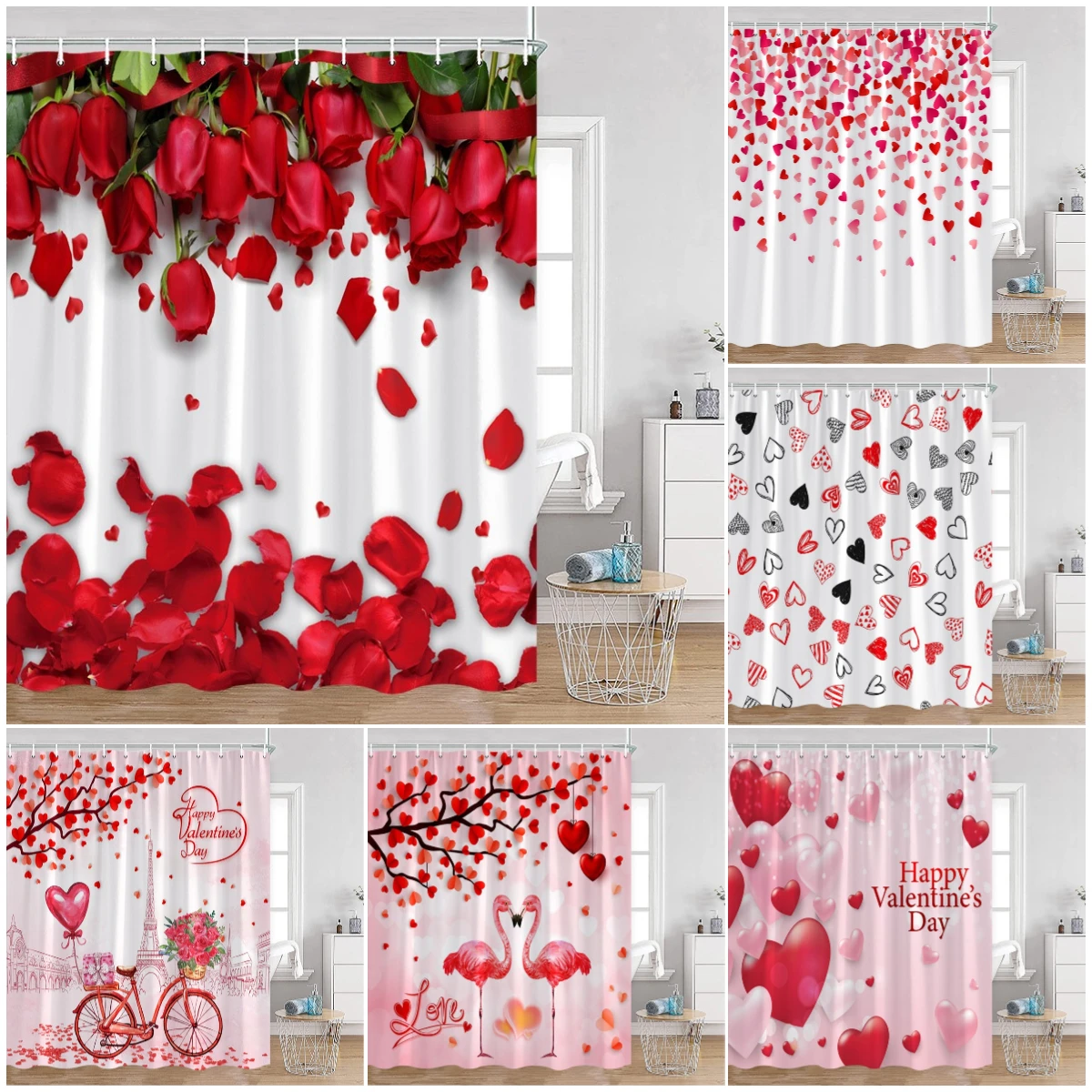 Valentine's Day Shower Curtains Red Rose Flowers Love Heart Flamingo Romantic Paris Tower Bicycle Fabric Bathroom Curtain Decor