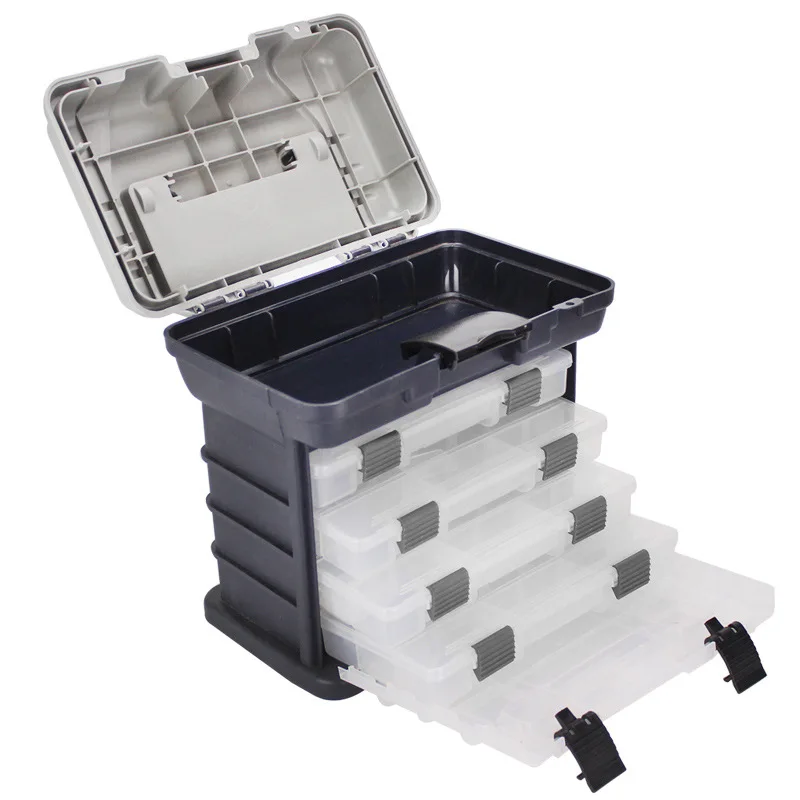 

26*26*16cm Lure Fishing Bait Storage Box 4 Plies Layer Fishing Box Light Weight Tackle Crank Minnow Popper Flash Hand Carry Gear