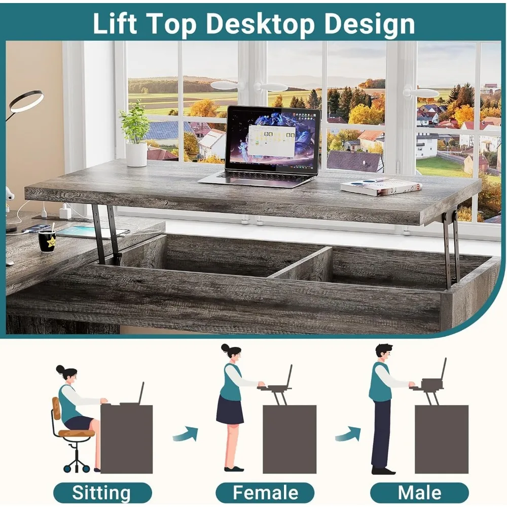 Bureau d'ordinateur en forme de L avec tiroir, bureau relevable avec prises de courant et ports de chargement USB