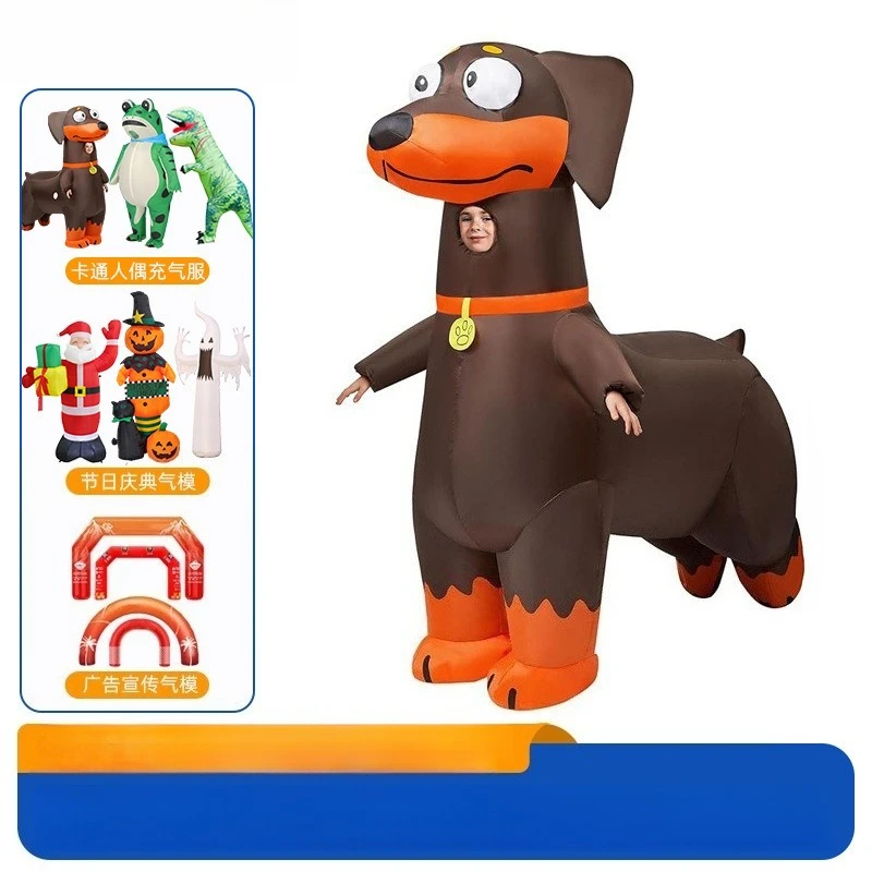 Fantasia Inflável Completa de Dachshund, Traje de Cachorro Salsicha Longo, Adereço para Festa de Halloween e Apresentações