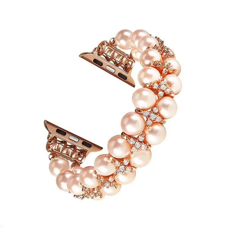 Elastic Double Row Pearl Bracelet Diamond Women's Jewelry Strap For Apple Watch Band